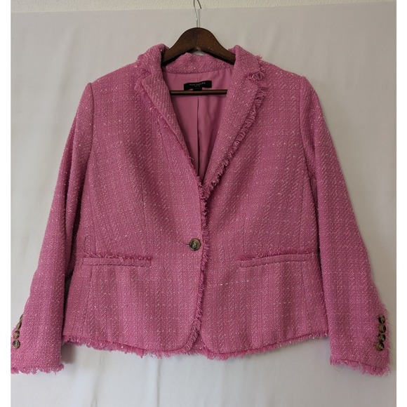 Ann Taylor Womens Pink Tweed Frayed Blazer Preppy Size 8P Career Office Clueless - Picture 1 of 7